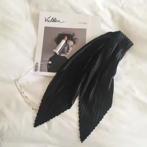 Elegant black pleated faux silk neck scarf minimalist decorative small square scarf