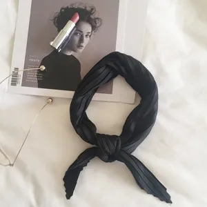 Black pleated silk-like scarf, elegant neckerchief and hair accessory for women stylish daily.