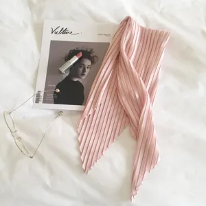 Pink pleated imitation silk small square scarf, chic solid color neckerchief for women.