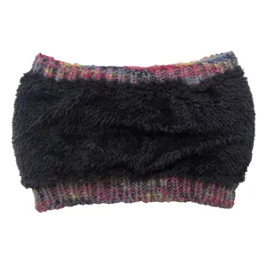 Kleurrijke gebreide haarband met zwarte pluche bont, warme winterhaarband voor dames.