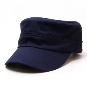 Dunkelblaue Baumwoll Flachkopf Militärmütze Detailansicht, bequemer Sonnenschutzhut für Herren.