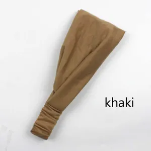 Detail view of the khaki solid color elastic pleated headband, perfect for yoga and daily use.