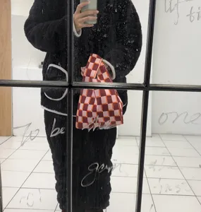 Mini japanische Strick Karo Handtasche, stilvolle lässige Tote Bag für Damen Alltag.