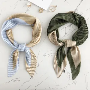 Chic pleated imitation silk small square scarf, stylish neckerchief for daily women wear.