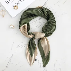 Chic pleated small square scarf with green and beige color block, elegant neckerchief.