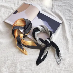 Chic pleated faux silk square scarf neckerchief, stylish two-tone hair band accessory.