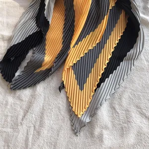 Chic black grey yellow pleated small square scarf, imitation silk neckerchief hair band.
