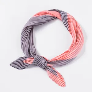 Pleated small square scarf, chic grey and pink neckerchief, elegant silk-like hair band accessory.