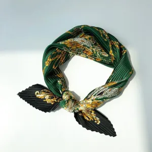 Pleated silk feel square scarf vintage green black gold floral fashion hair band neck scarf