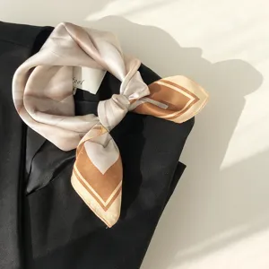 Milk tea color silk square scarf detail, elegant sand painting print, chic neckerchief accessory.