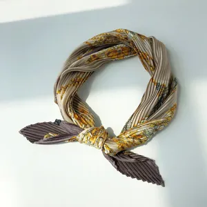 Chic floral pleated square scarf for women, stylish neckerchief and hair band accessory.