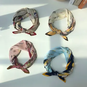 Chic pleated floral small silk square scarf hair band decorative neck scarf for women.