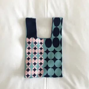 Japanese style knit tote bag with colorful dot pattern, casual woven handbag for women.