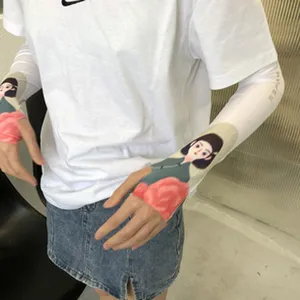 Ice silk sun protection sleeves with cute cartoon girl print, breathable summer arm cover.
