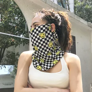 Summer sun protection face mask, black white checkerboard melting smiley neck gaiter.
