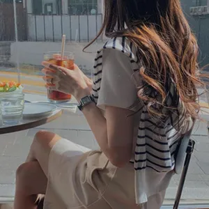 Casual striped shawl outer wear for women, stylish spring and summer daily fashion accessory.