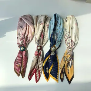 Chic pleated floral small square scarf neckerchief with pearl buckle for women accessory