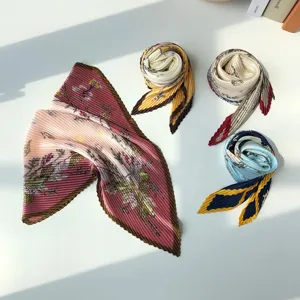 Chic pleated floral square scarf, stylish imitation silk neckerchief and hair band for women.