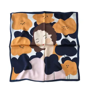 Close-up detail of the artistic illustrated mulberry silk small square scarf pattern.