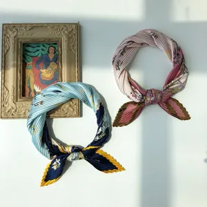 Pleated chic floral silk square scarf, elegant neckerchief and hair band accessory.