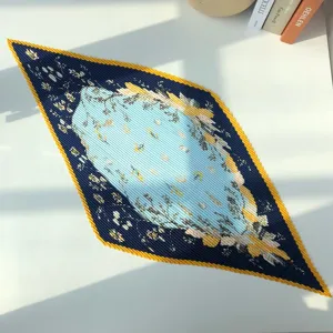 Chic pleated diamond silk scarf stylish floral neckerchief hair band for women 70cm