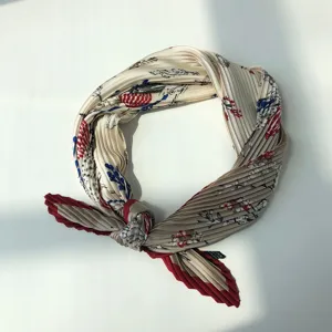 Pleated floral silk-like small square scarf, chic fashion neckerchief for women and girls.