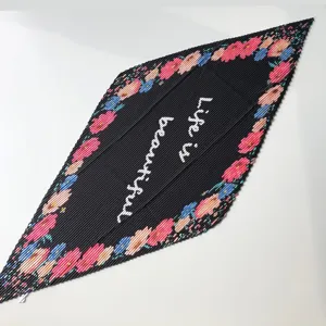 Black pleated floral diamond scarf chic imitation silk small square scarf neck wrap
