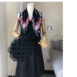 Chic cross-border black gray pleated floral square scarf versatile neckerchief accessory