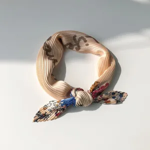 Chic pleated floral small square scarf imitation silk hair band decorative neck scarf for women.
