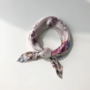 Pleated floral neck scarf detail, chic black grey silk feel small square scarf hair band.