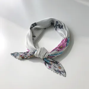 Chic pleated floral imitation silk scarf, 70cm grey square scarf for hair and neck decoration.