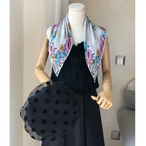 Elegant pleated floral small square scarf, soft chic faux silk neckerchief for women.