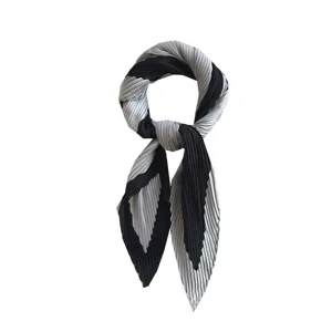 Chic black and grey pleated square scarf, elegant fashion neck scarf and hair band.