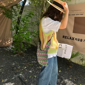 Bunte Strick Umhängetasche mit Blumen für Damen, modische Nische lässige Tasche, süßer Stil.