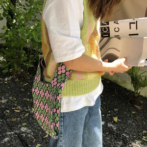 Gestreickte Blumen Schultertasche, lässige Retro Stil Alltagstasche für Damen und Mädchen.