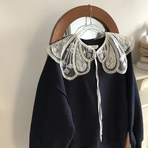 Dark blue sweatshirt featuring a delicate white lace embroidered detachable doll collar.