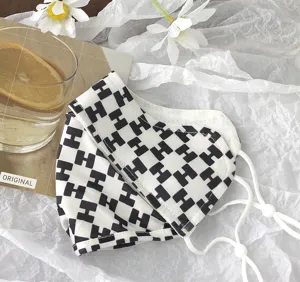 Black and white H pattern sunscreen face mask, ice silk breathable fabric with adjustable straps.