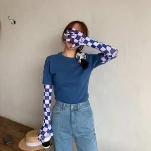 Blue and white checkered sun protection ice sleeves for women, stylish summer arm sleeves.