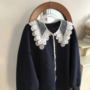Detachable white lace doll collar matched with dark blue sweatshirt, chic sweet style.