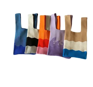 Modische gestreifte Strick Shopper Handtasche weiche gewebte Beuteltasche fuer Damen