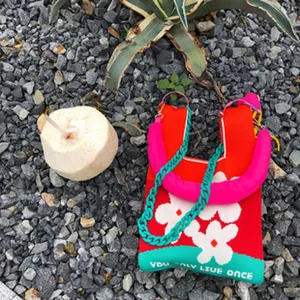 Damen Stricktasche Mit Blumenmuster Japanischer Stil Gewebte Umhängetasche Handtasche Mit Acryl Kettenriemen Für Reisen Strand Alltag