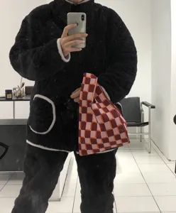 Mini karierte Strickhandtasche japanischer Stil lässige kleine Tragetasche Damen