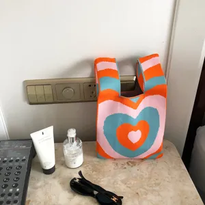 Colorful heart knit tote bag for women, sweet style shoulder casual handbag for spring summer.