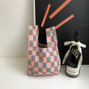 Strick Karo Mini Tragetasche, stilvolle Pastellfarben Handtasche für den Alltag und Freizeit.