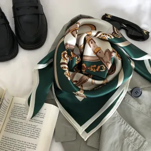 Green silk scarf with elegant chain print, luxury satin neckerchief for women spring and autumn.