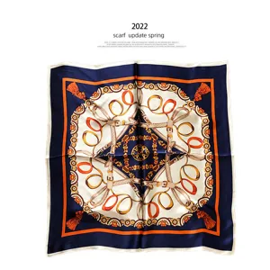 Luxury silk scarf for women, elegant equestrian strap pattern square hijab and neck wrap.