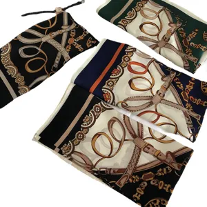 Luxury silk scarf with classic belt and chain print, elegant square scarf for women.