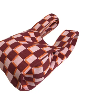 Mini Strick Karo Shopper Tasche, schicke japanische Freizeit Handtasche mit buntem Design.