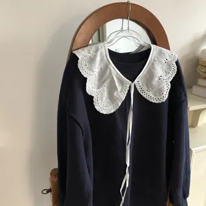 White lace detachable false collar with hollow embroidery design, perfect for dresses and tops.