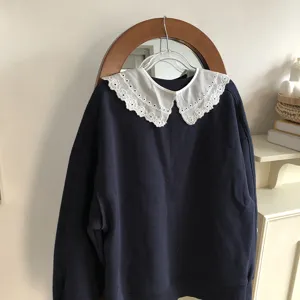 Dark blue sweatshirt featuring an elegant white lace embroidered detachable doll collar for women.